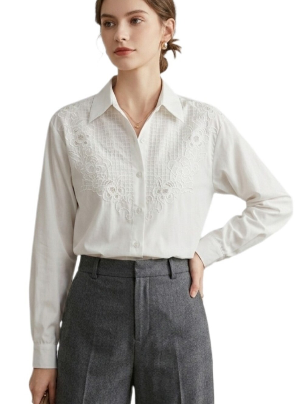 Leslie Fay Blouse Cotton Blend Embroidered Floral Detail Vintage Cream Size 6